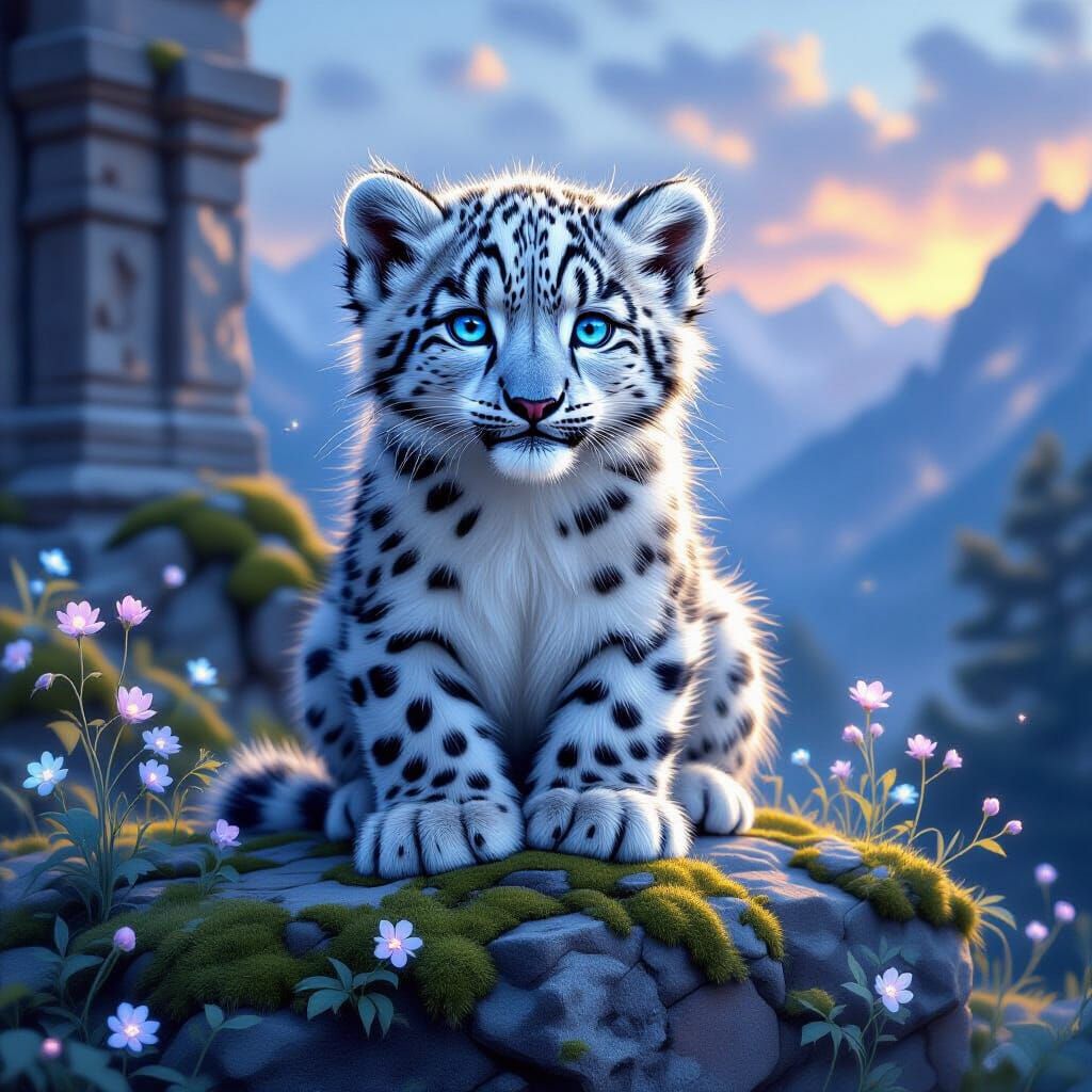 Snow Leopard Cub on Ancient Ruin in Twilight