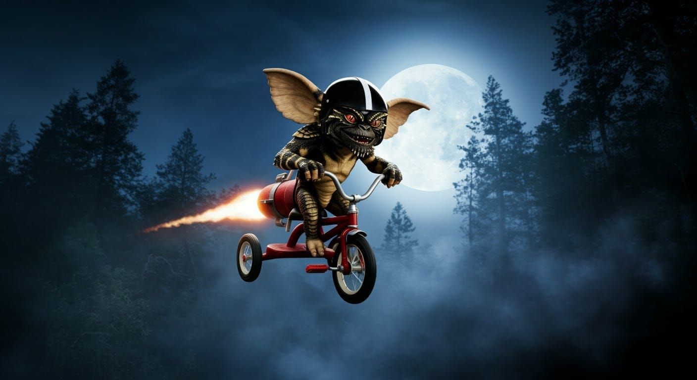 Gremlin Riding A Rocket Powered Tricycle In Homage To E.T., The Extra-Terrestrial