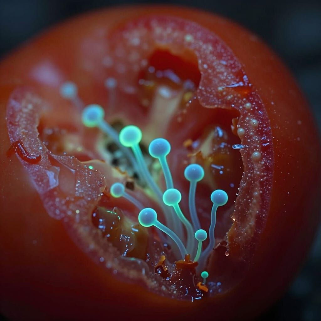 Bioluminescent Fungal Spores on Ripe Tomato