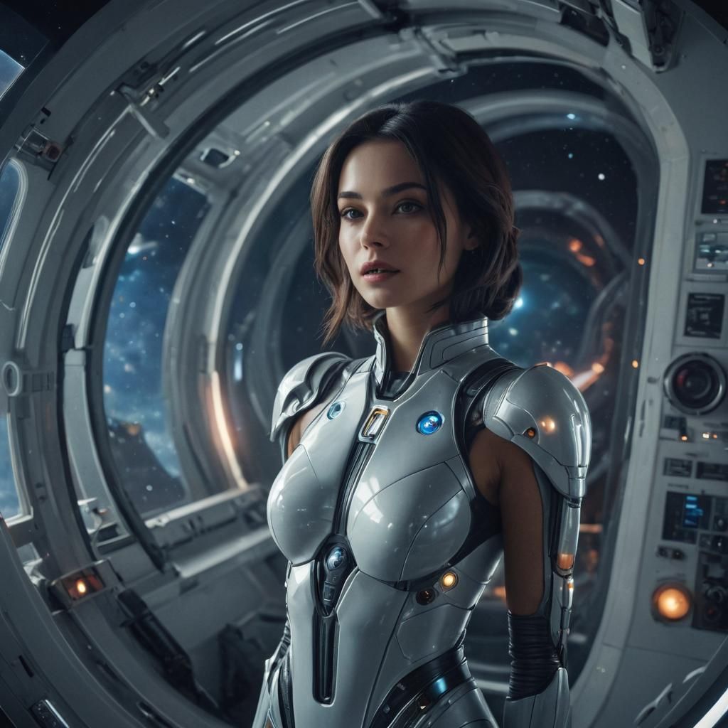Futuristic Woman Commands Spaceship Among Stars
