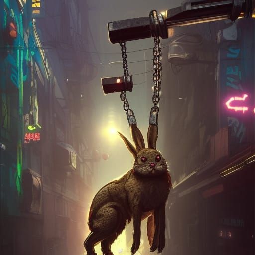 Radioactive Bunny Monster in Cyberpunk Cityscape
