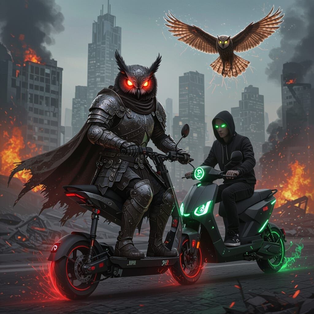 Owl Knight and Rider in Dying Cyberpunk City