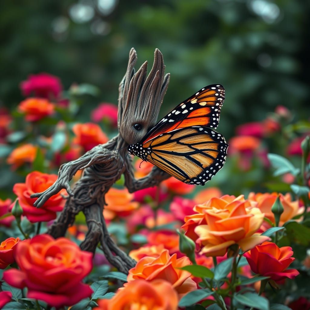 Groot Chases a Butterfly in Vibrant Rose Garden