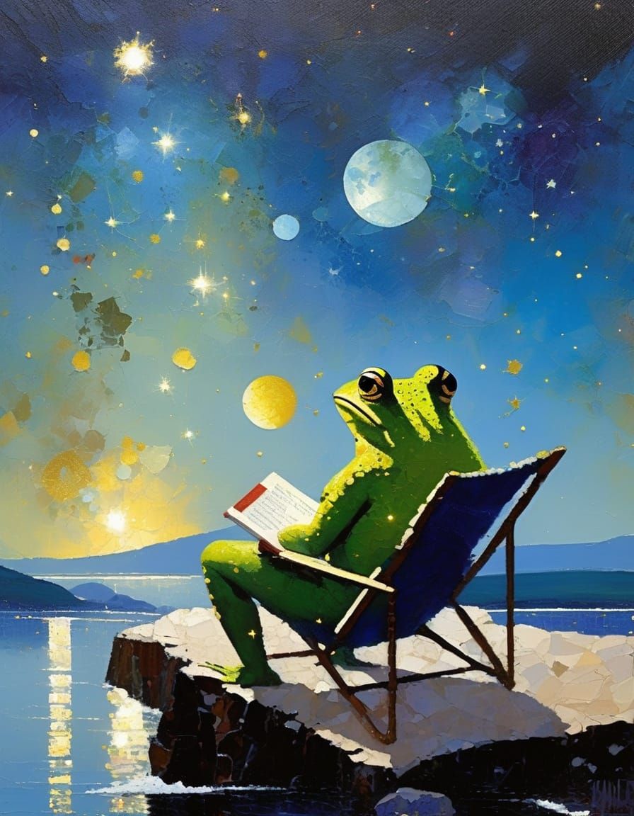 Frog Reading in Fjord Under Nebula Sky, Oil Painting