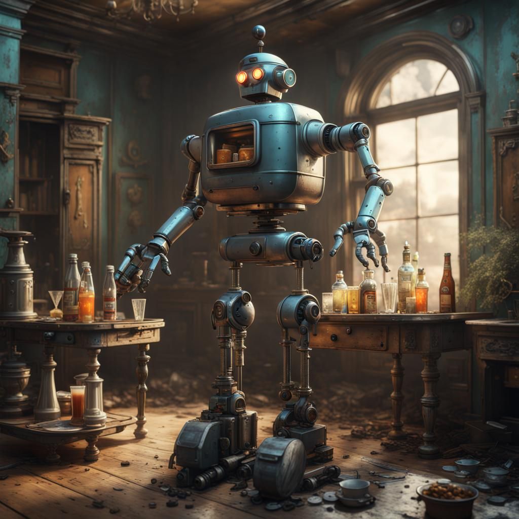 A robot butler made from spare parts carrying a tray of drinks in a post apocalyptic mansion detailed matte painting, de...