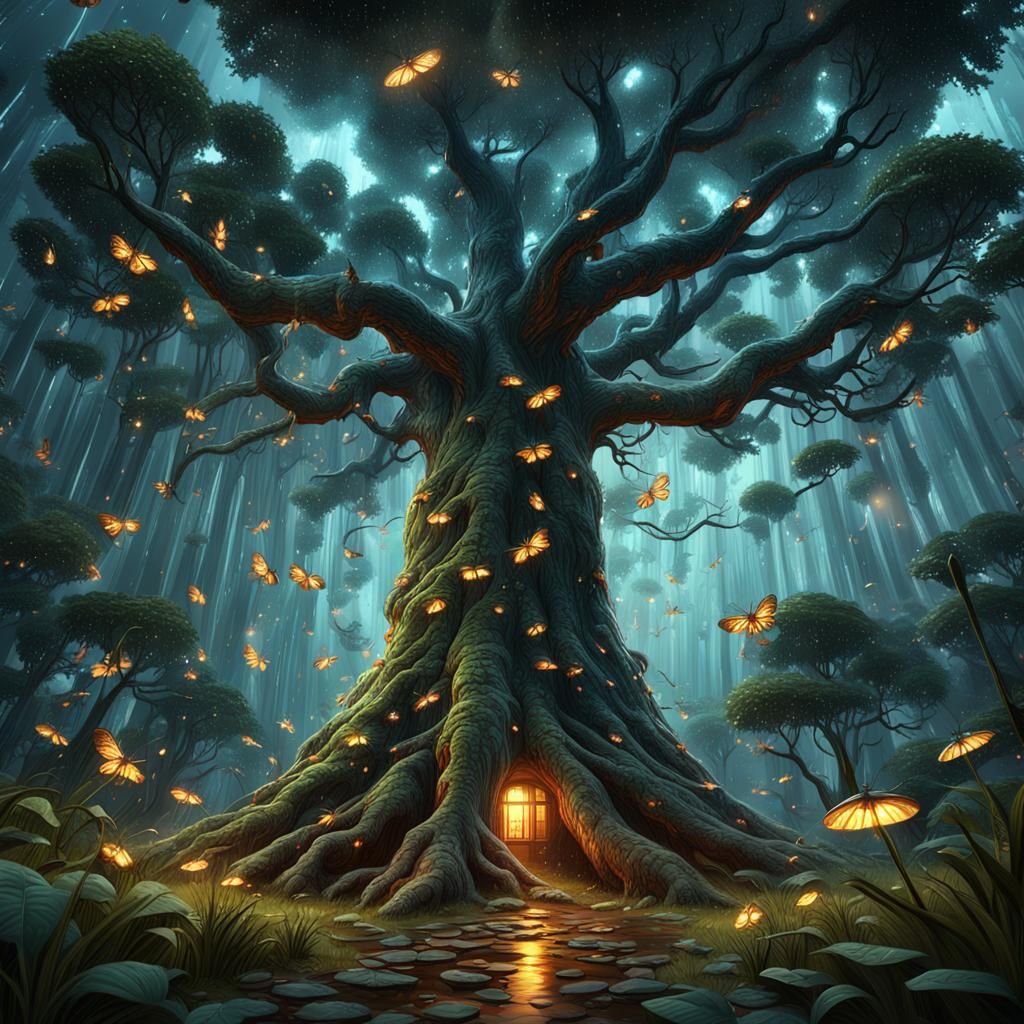 Gigantic Tree Surrounded by Moths and Fireflies