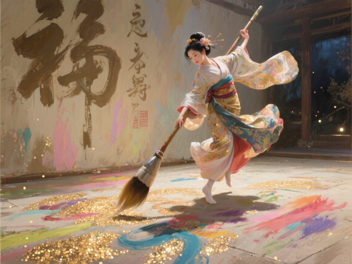 Japanese Princess Dancing with Brush in Impasto Painting