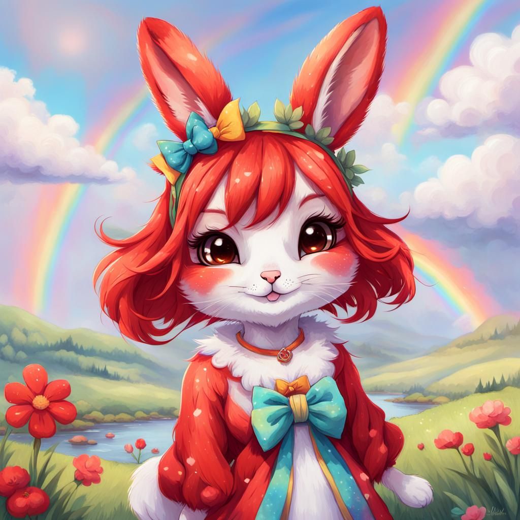 Adorable Red Anthro Bunny Woman in Kawaii Style