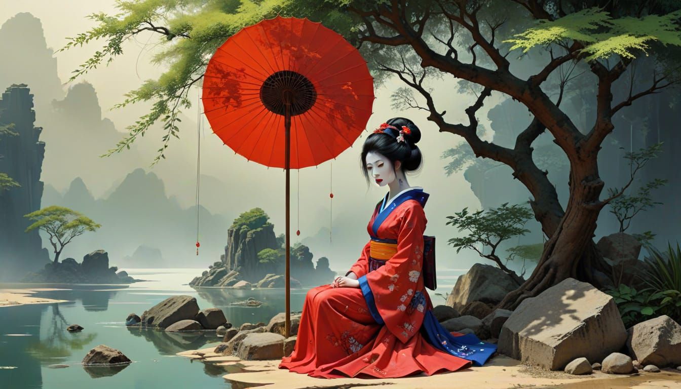 Geisha in Industrial Oasis, Inspired by Kandinsky