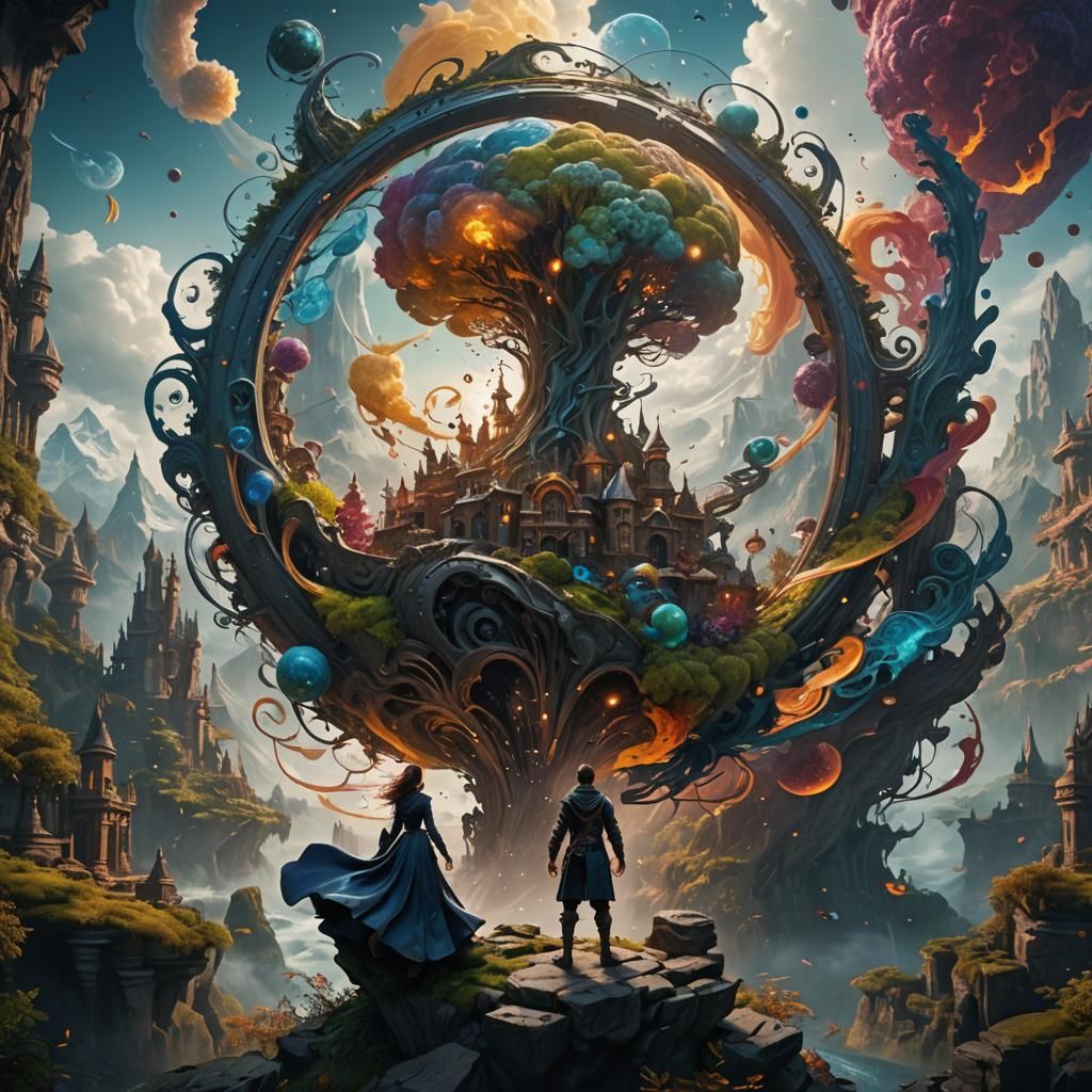 Ethereal Visionary Surrounded by Whirling Worlds