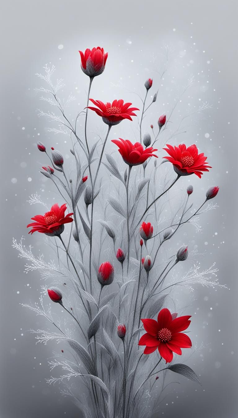 Ethereal Minimal Floral Art in Frozen Red and Grey