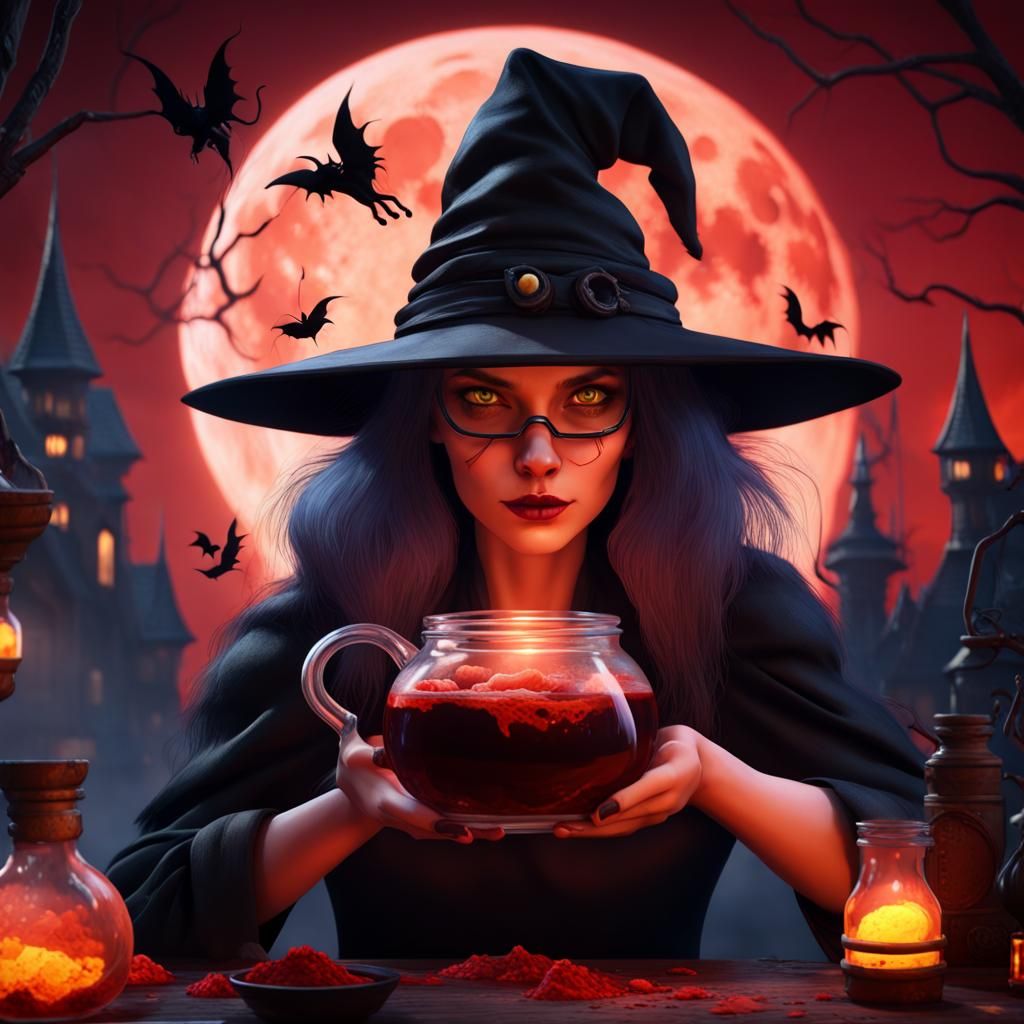 a close-up of a scary witch, black cat on her shoulder, brewing up her potions over a bubbling under an extra large bloo...