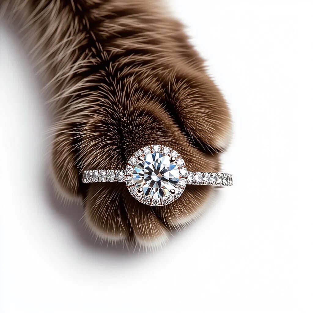 Diamond Ring on Cat Paw, Hyper-Realistic Studio Shot