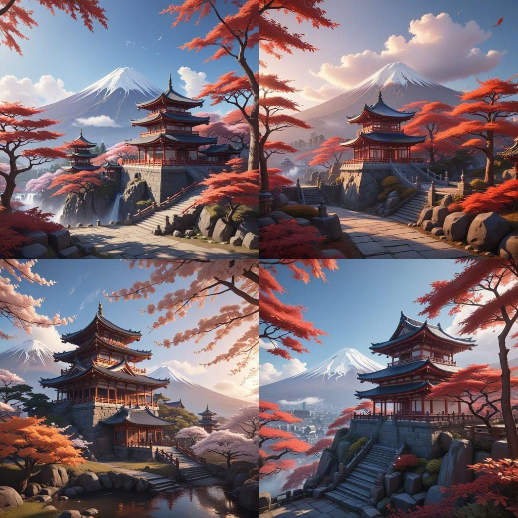 Mount Fuji and Chinese Palace in Anime Style