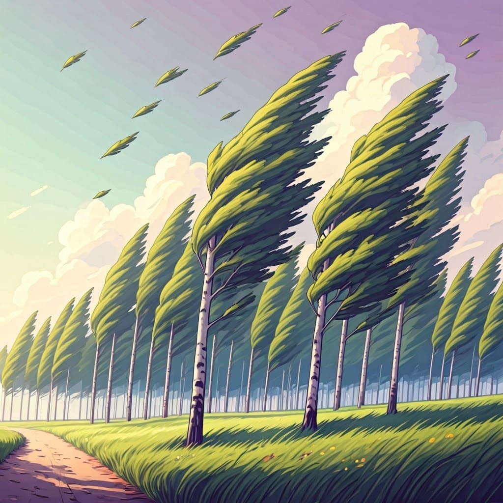 Poplar Trees Swaying in Pastel Watercolor Landscape