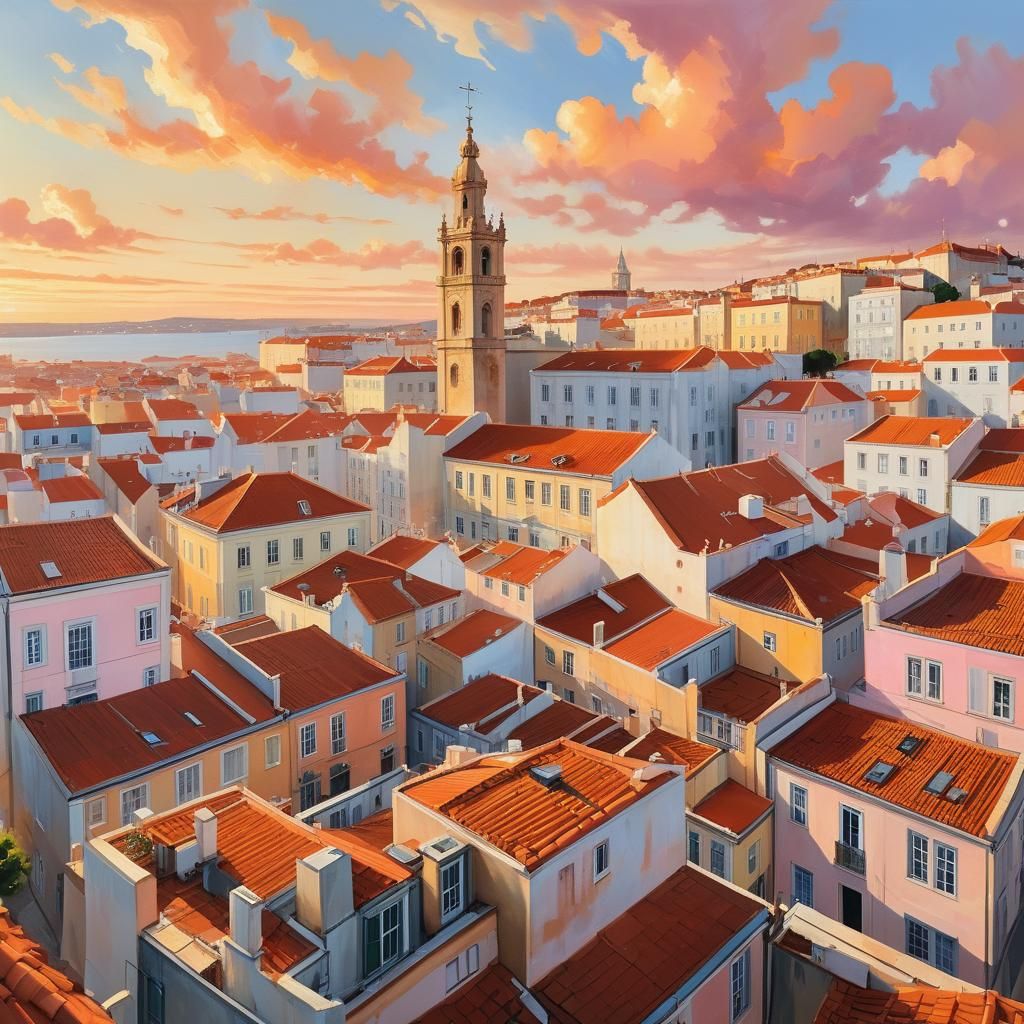 Lisbon Rooftops at Sunset: An Impressionist Oil Painting