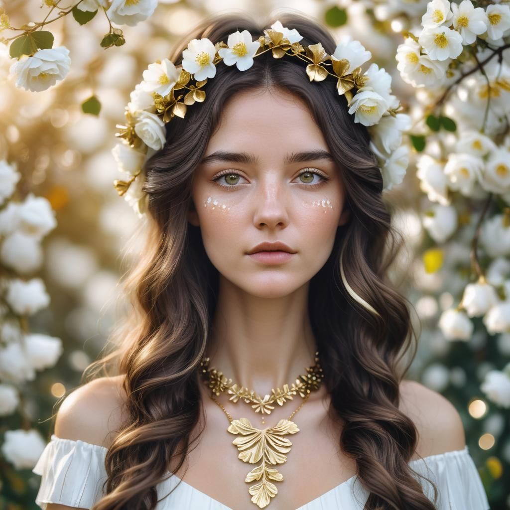 Ethereal Woman Surrounded by Flowers in Dreamy Portrait