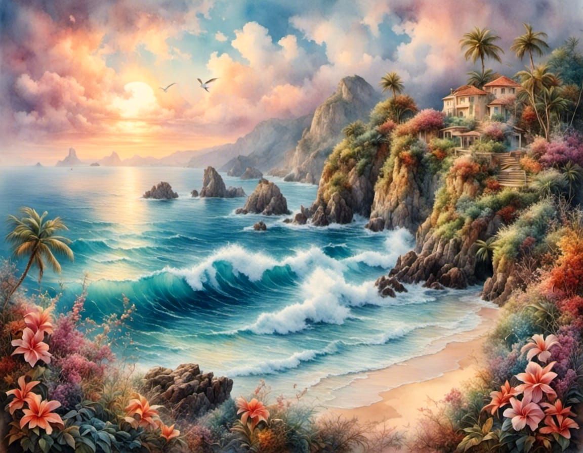 Tropical Island Cove Seascape in Pastel Watercolor