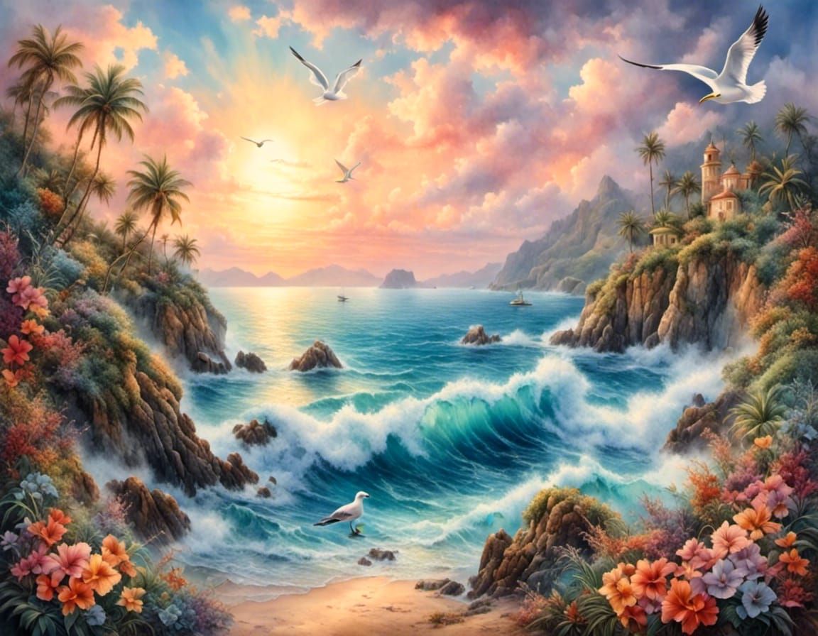Tropical Island Cove Seascape in Watercolor Style