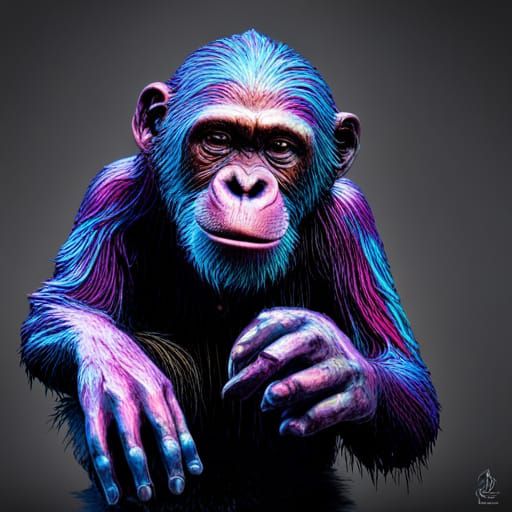 Bioluminescent Chimpanzee Sculpture in Digital Painting Styl...