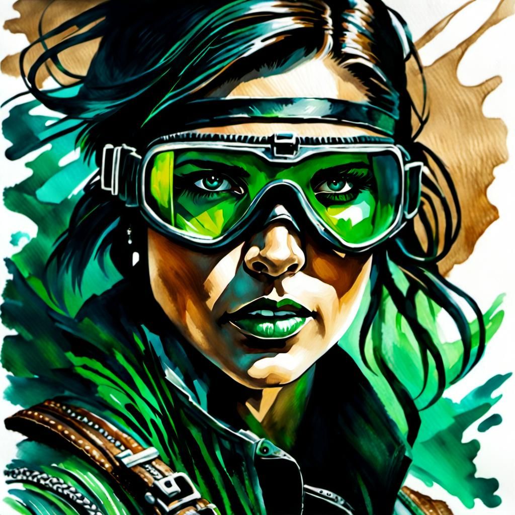 Post-Apocalyptic Racer in Leather, Watercolor Portrait
