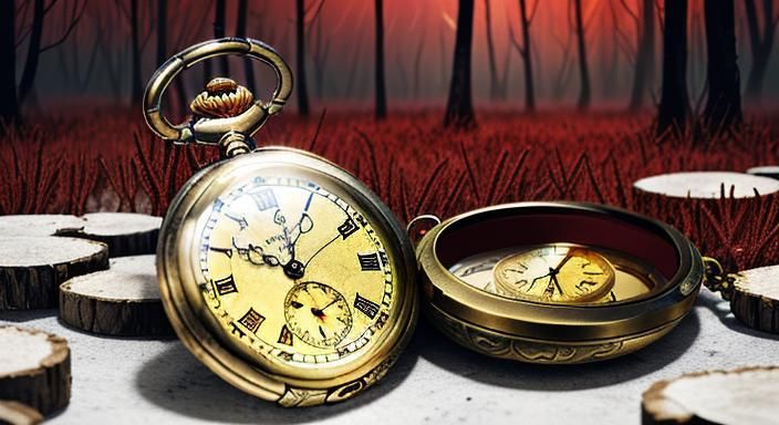 Cracked Gold Watch in Stormy Red Forest