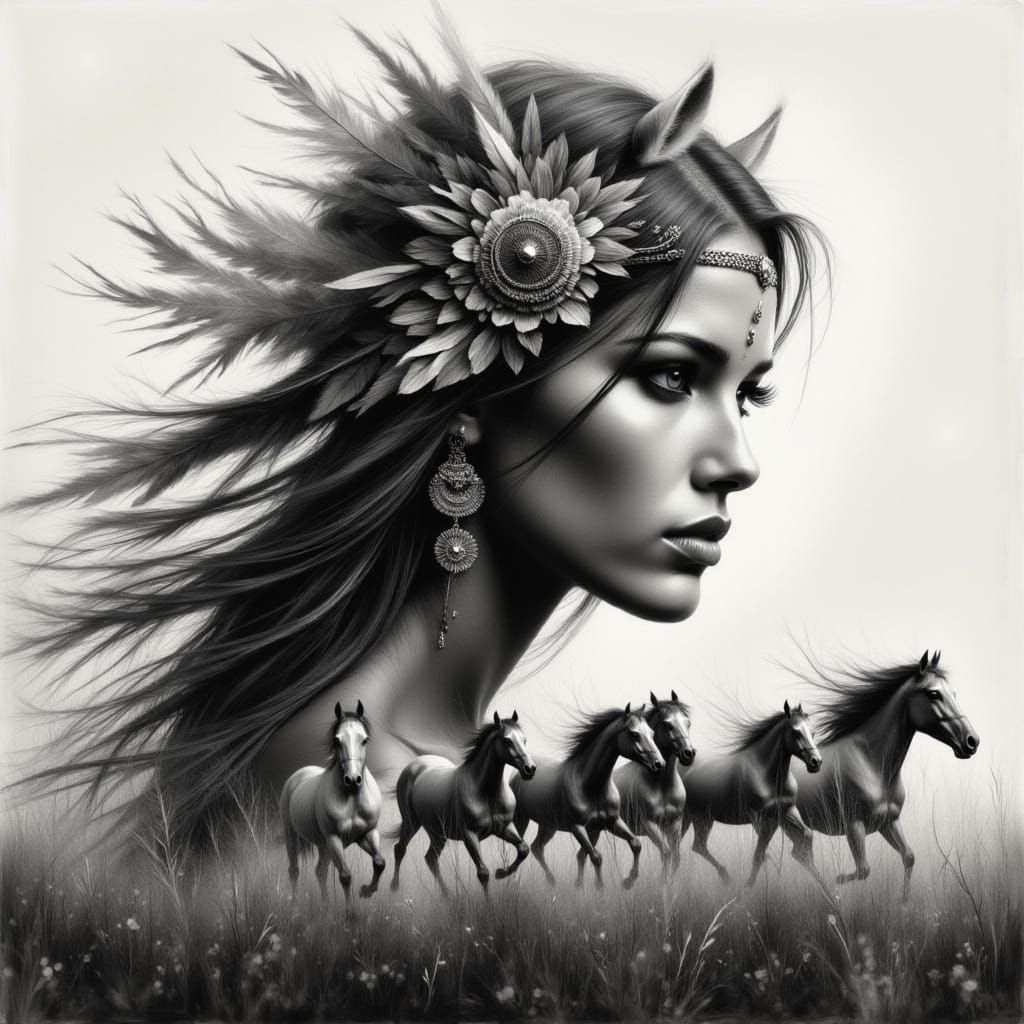 Indian Woman and Horses in Double Exposure Impasto Oil