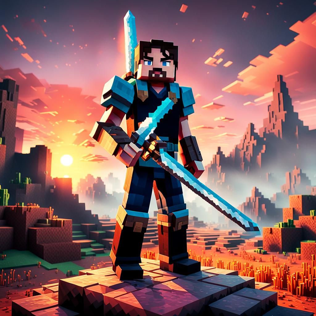 Heroic Steve in Minecraft Landscape at Sunset