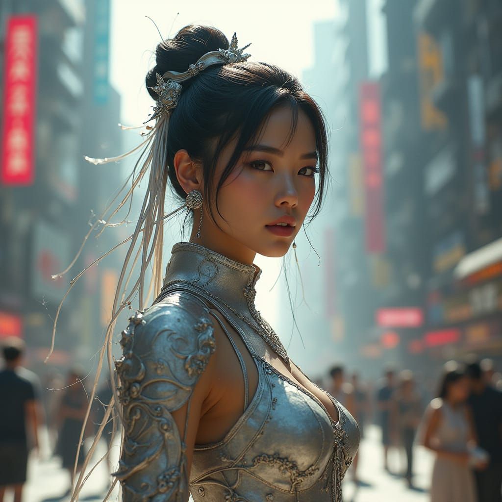 Futuristic Asian Woman in Cityscape, Hyperrealistic Matte Pa...