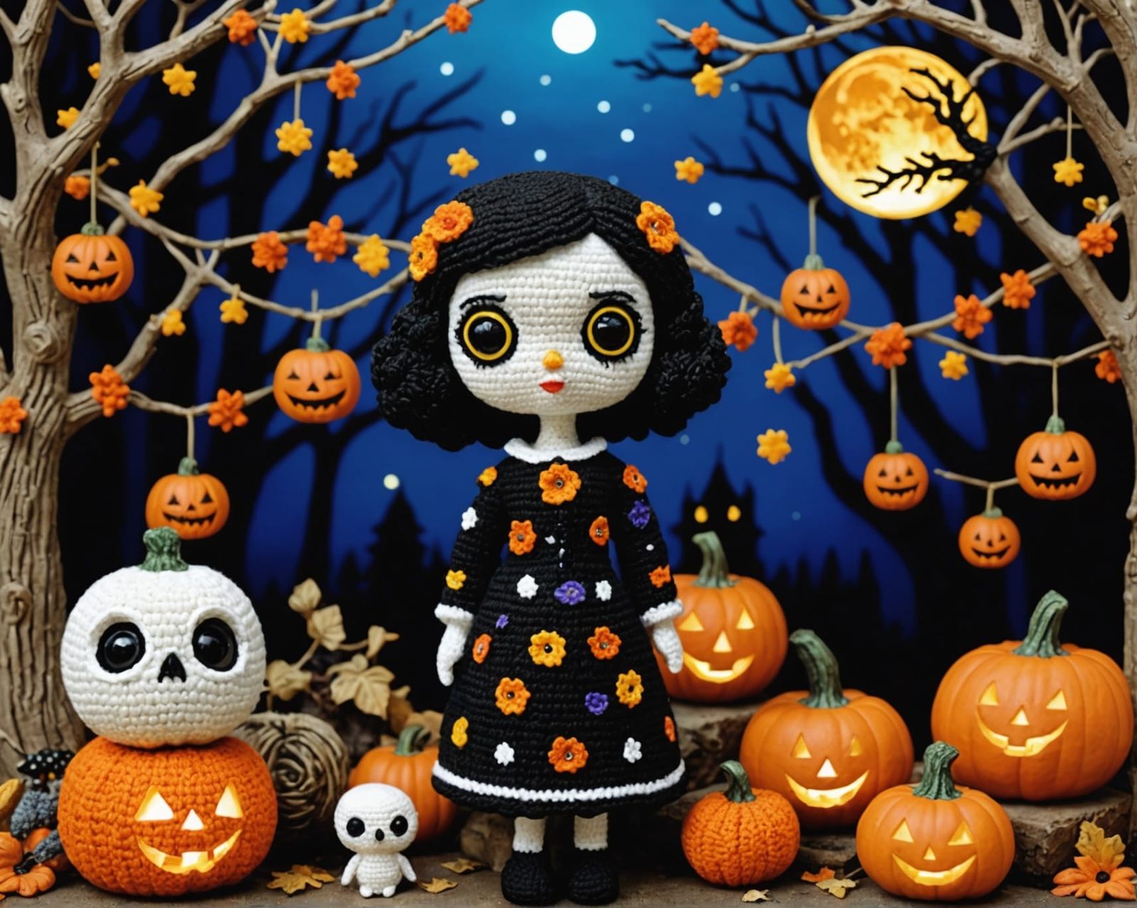 Klimt Crochet Halloween Scene with Moonlit Forest