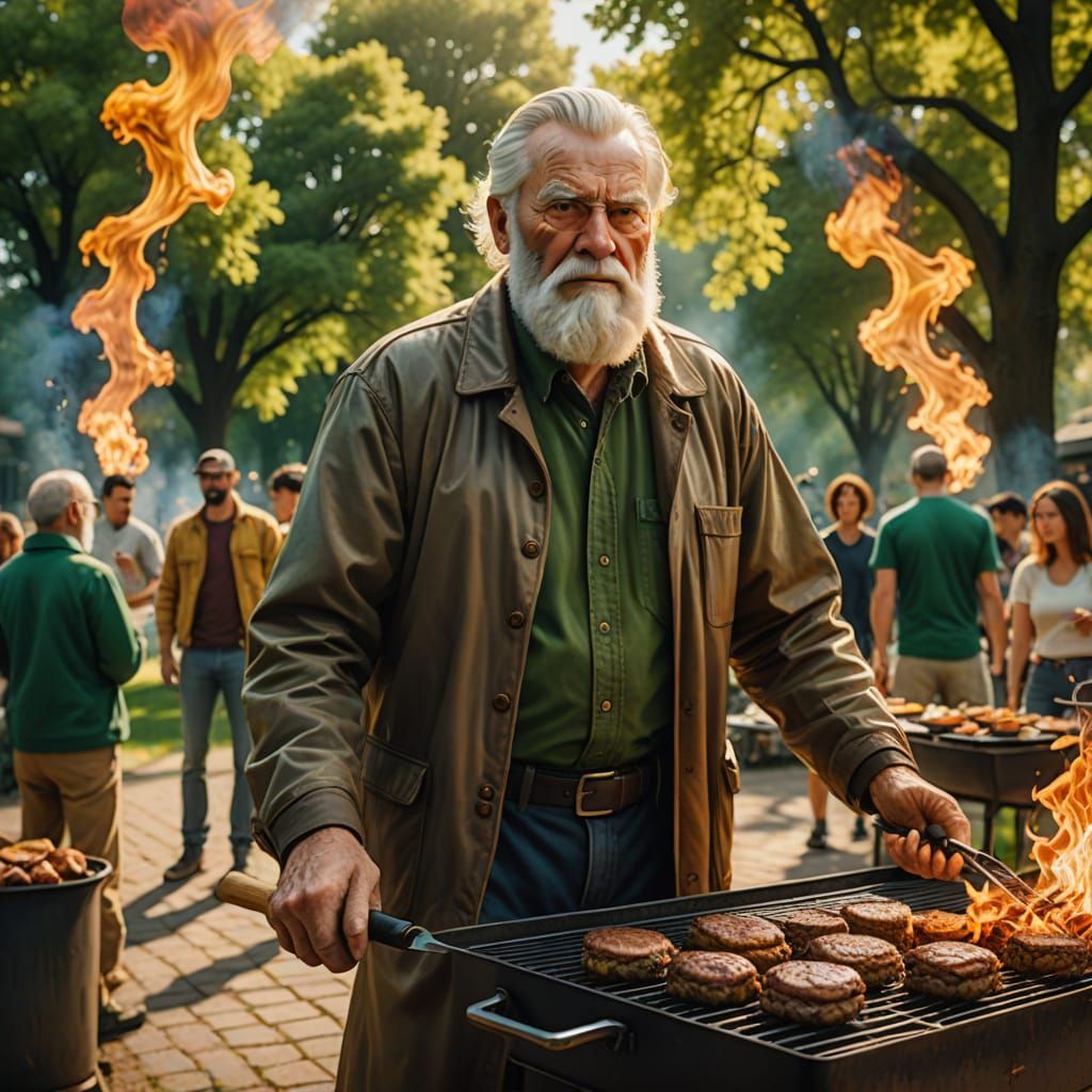 Elderly Superhero Grilling Burgers in Digital Art