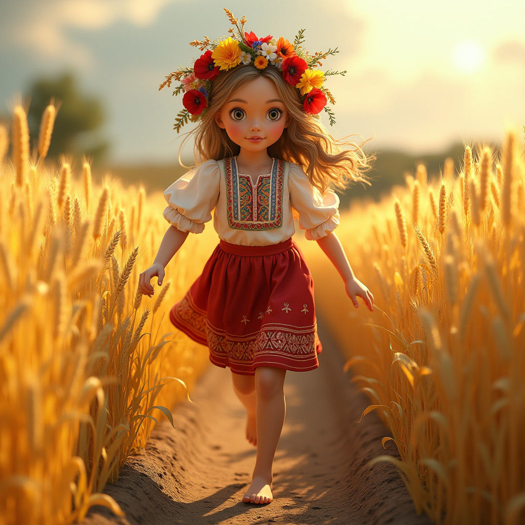 Ukrainian Girl with Wreath in Wheat Field, 3D Render
