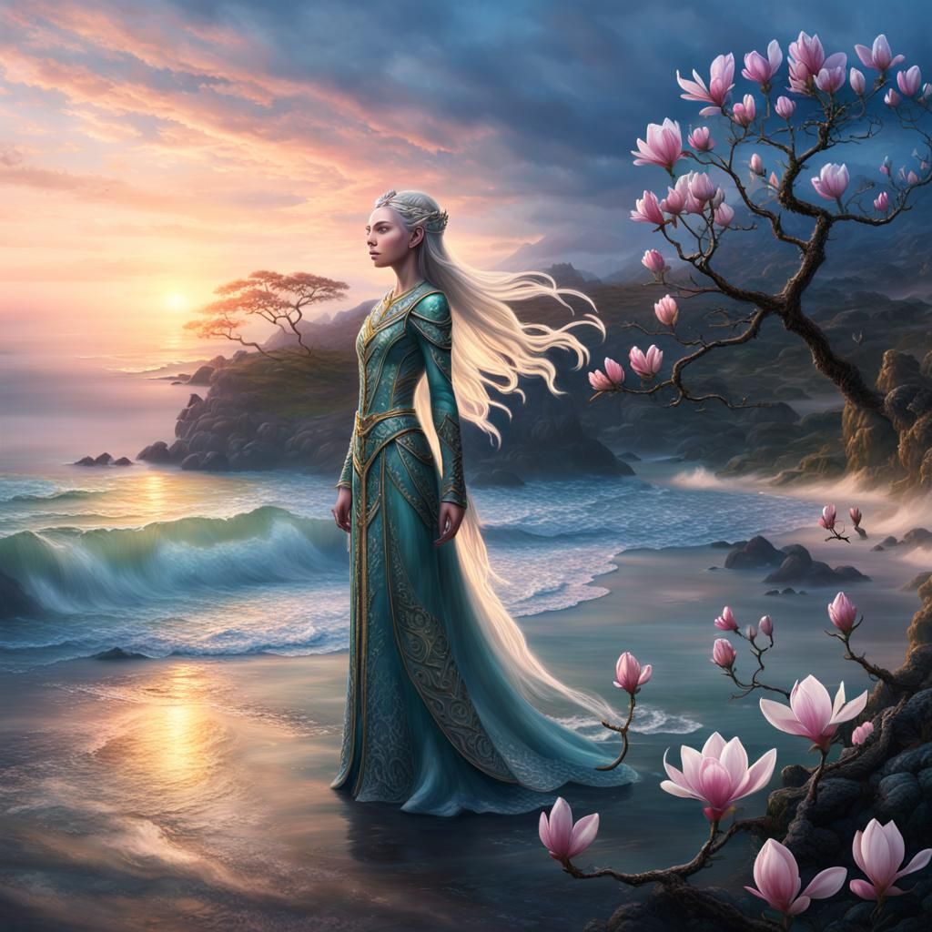 Elven Princess on Twilight Shore: Digital Painting