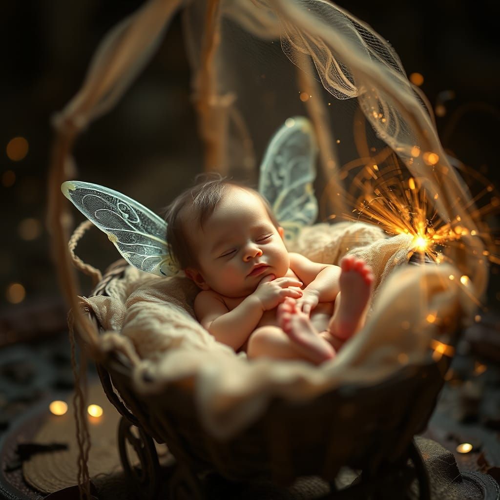 Magical Fairy Infant in Cradle, Hyperrealistic Style