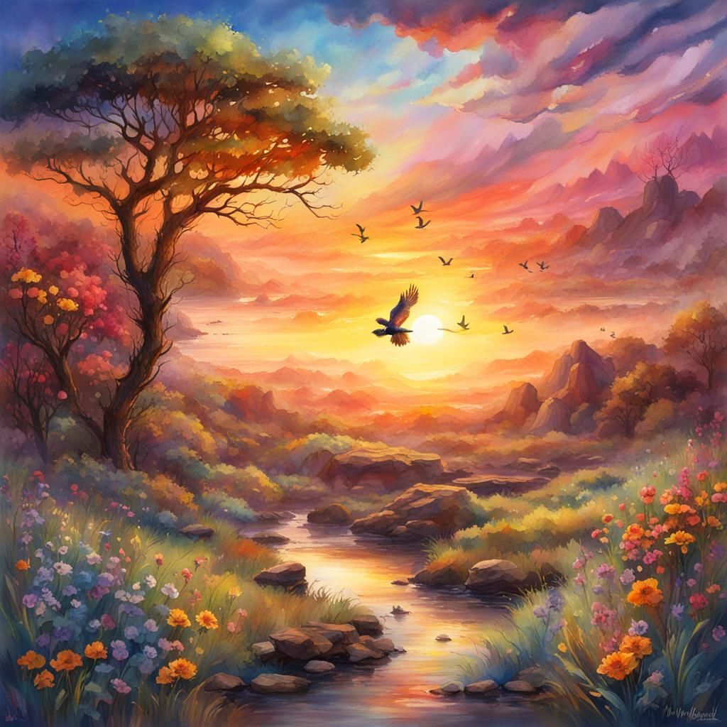 Splashy Watercolor Summer Sunset Landscape