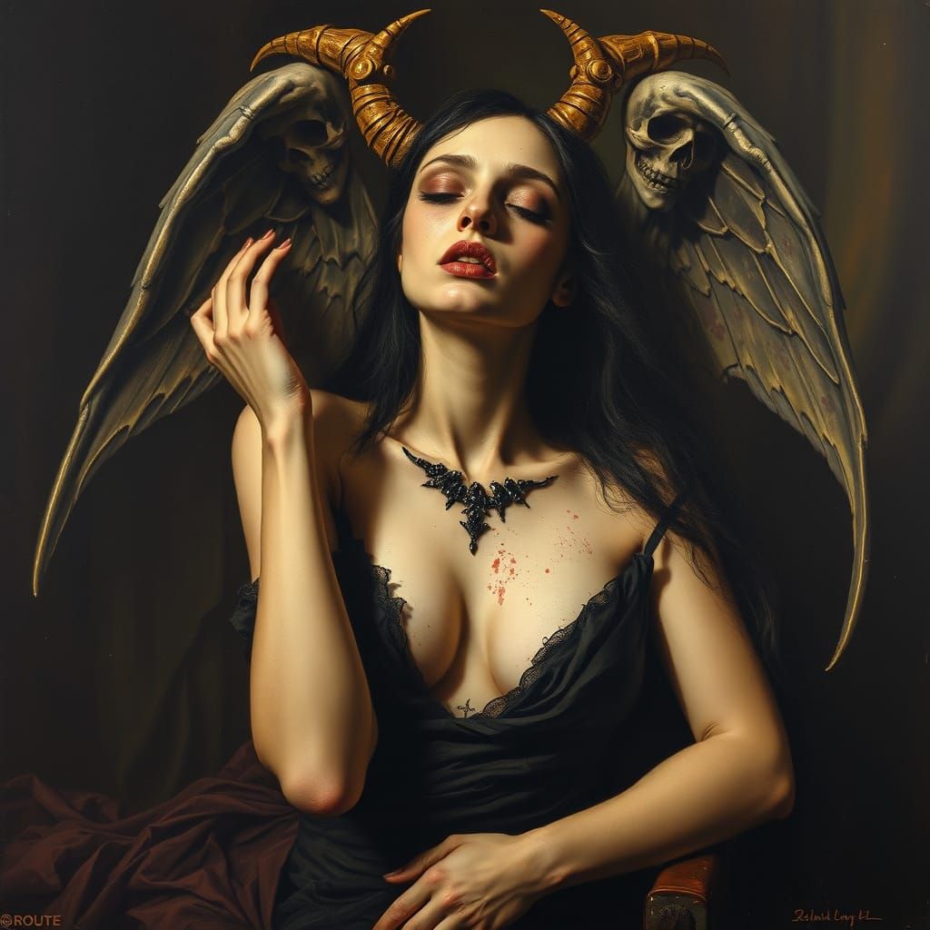 Allegorical Oil Painting of Mortality and Dark Beauty