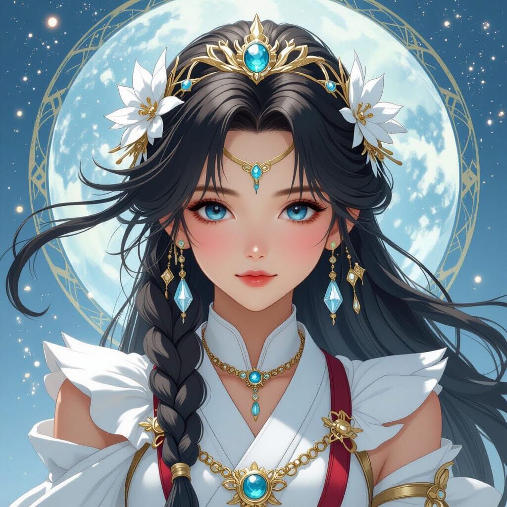 Japanese Girl with Aerith Hairstyle in Nouveau Style