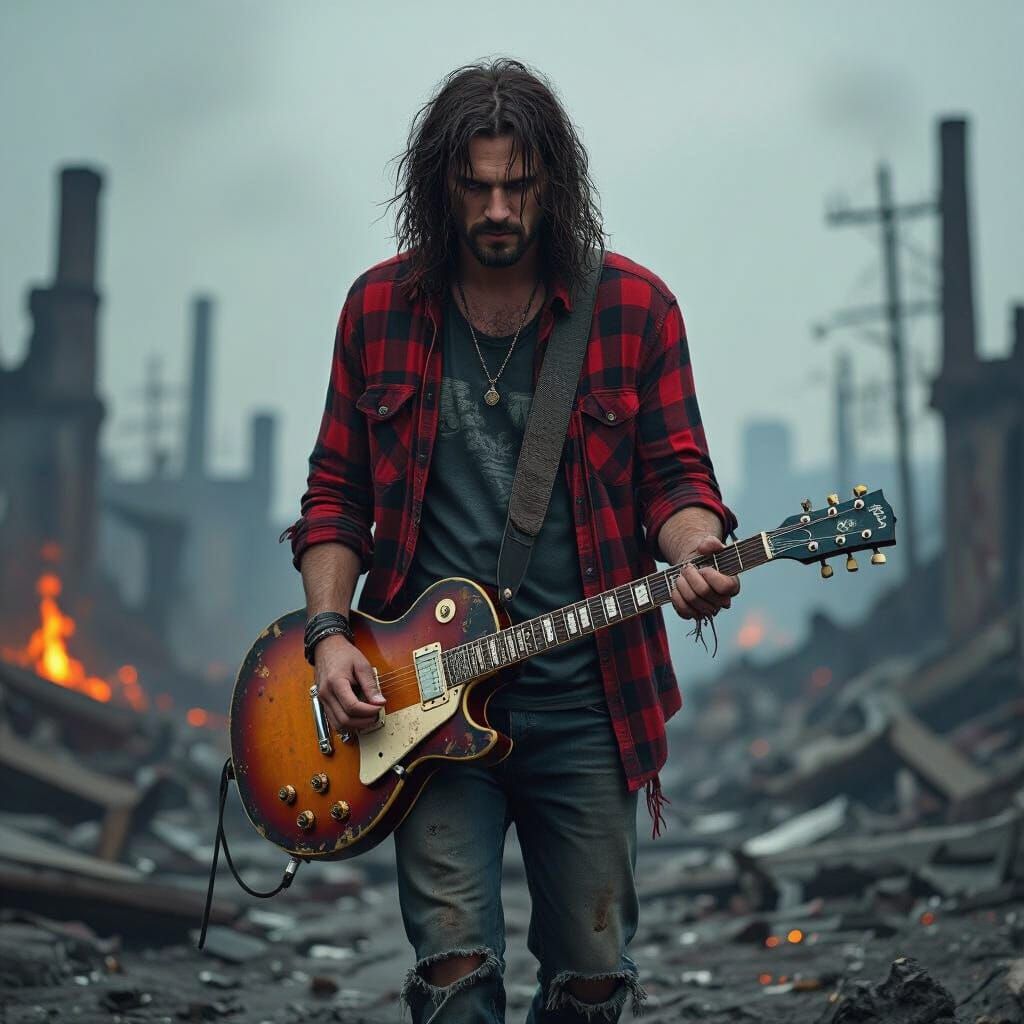 Dystopian Wanderer in Ruins with Guitar