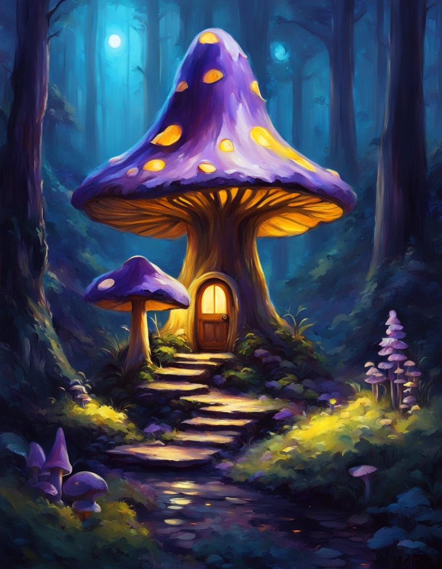 Ethereal Bioluminescent Mushroom Abode in Whimsical Oil Pain...