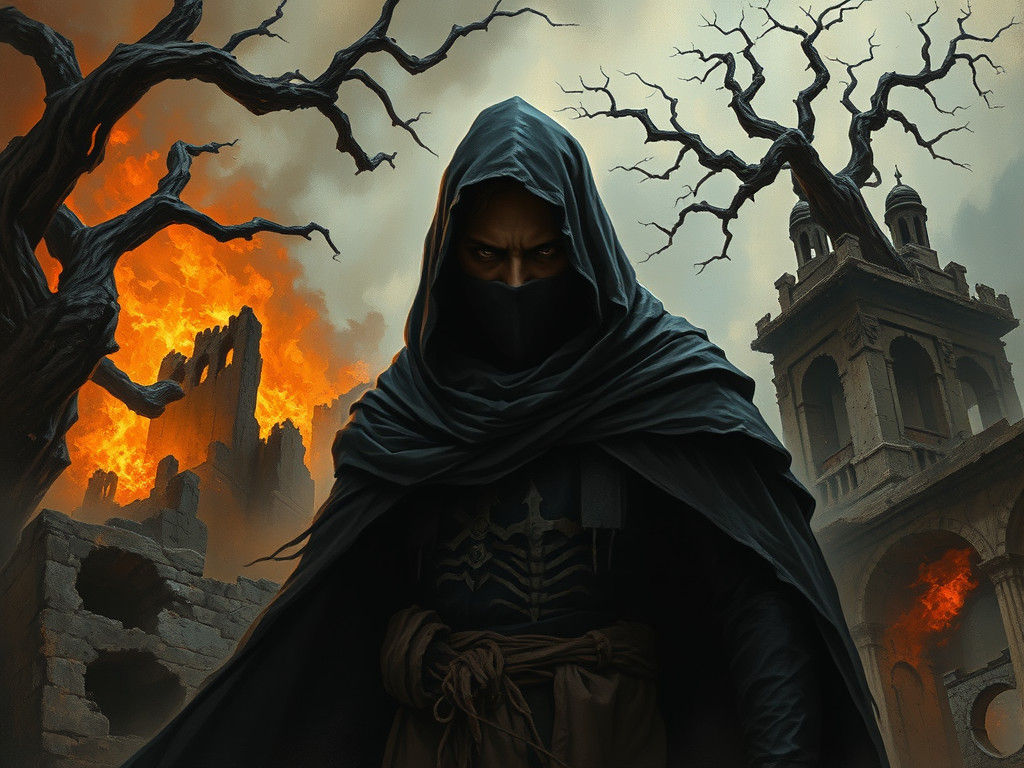 Ominous Hooded Figure in Smoldering Ruins