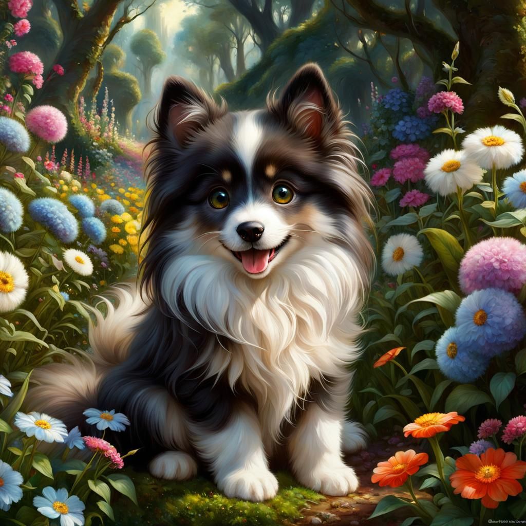 Fluffy Alien Puppy in Enchanted Garden