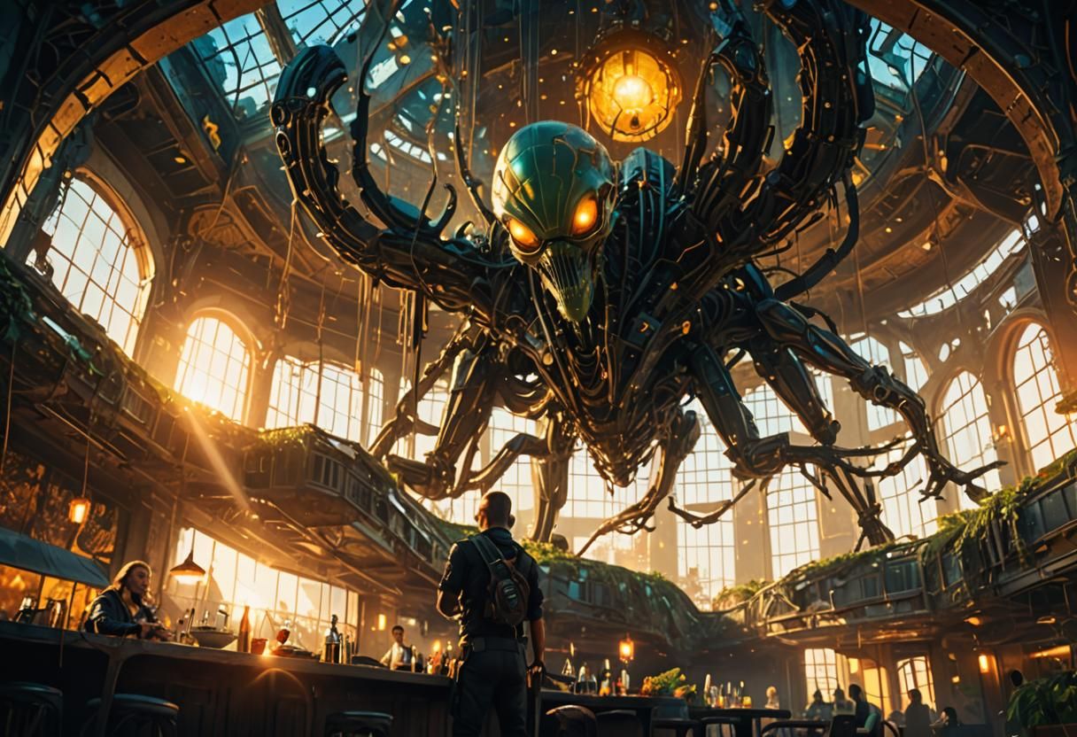 Aliens Dining in Post-Apocalyptic Restaurant, Hypermodern Go...