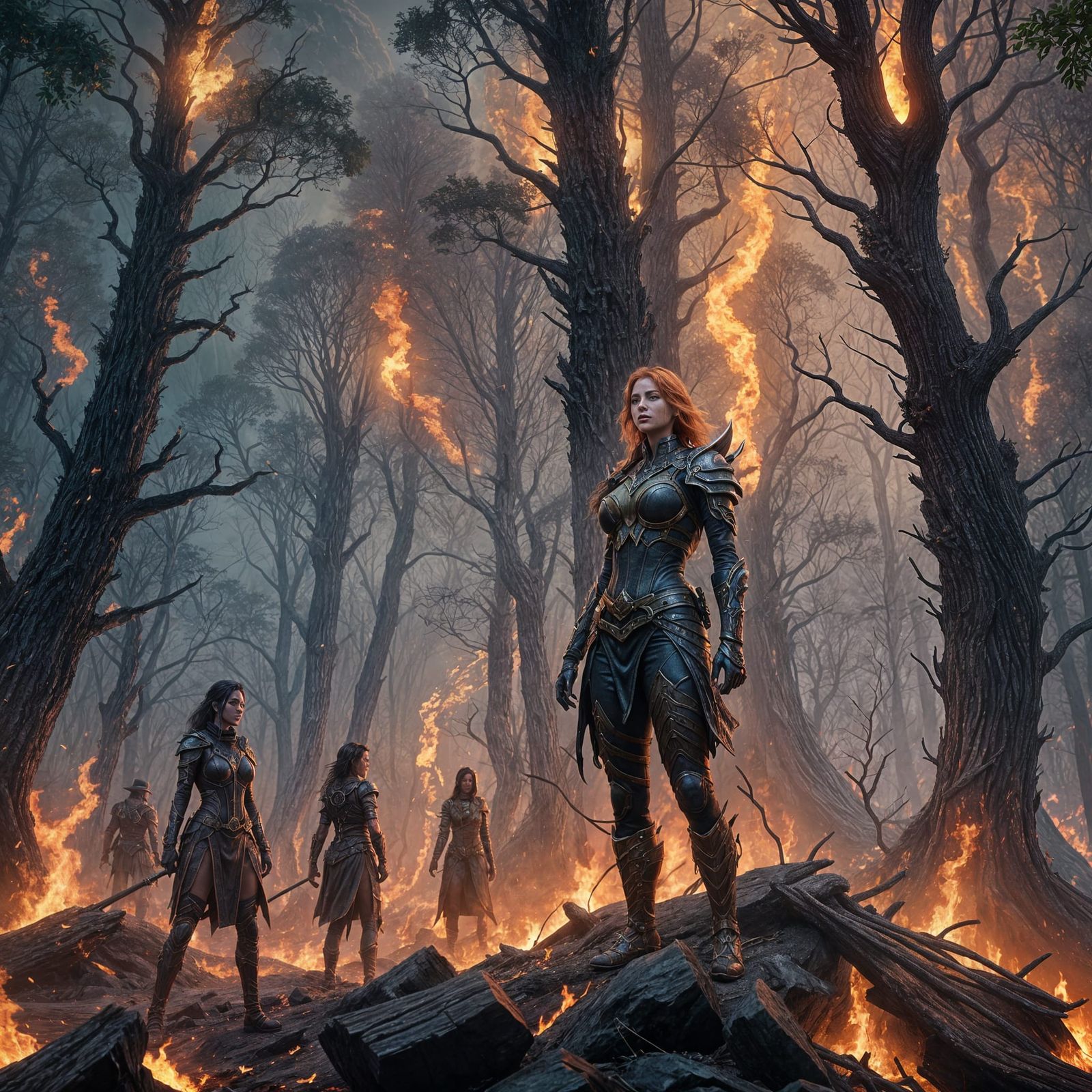 Fantastical Wildfire Women: Detailed Matte Painting