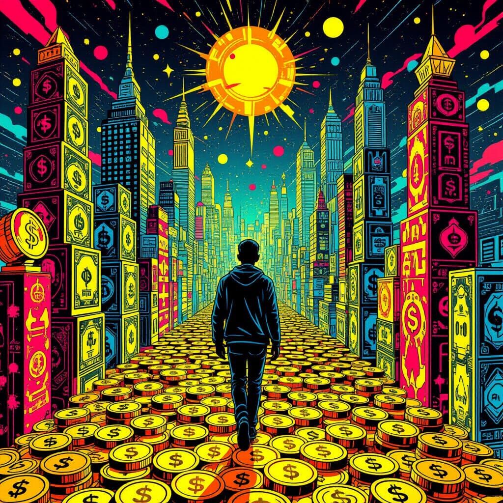 Psychedelic City of Wealth in Bold Hand-Drawn Style