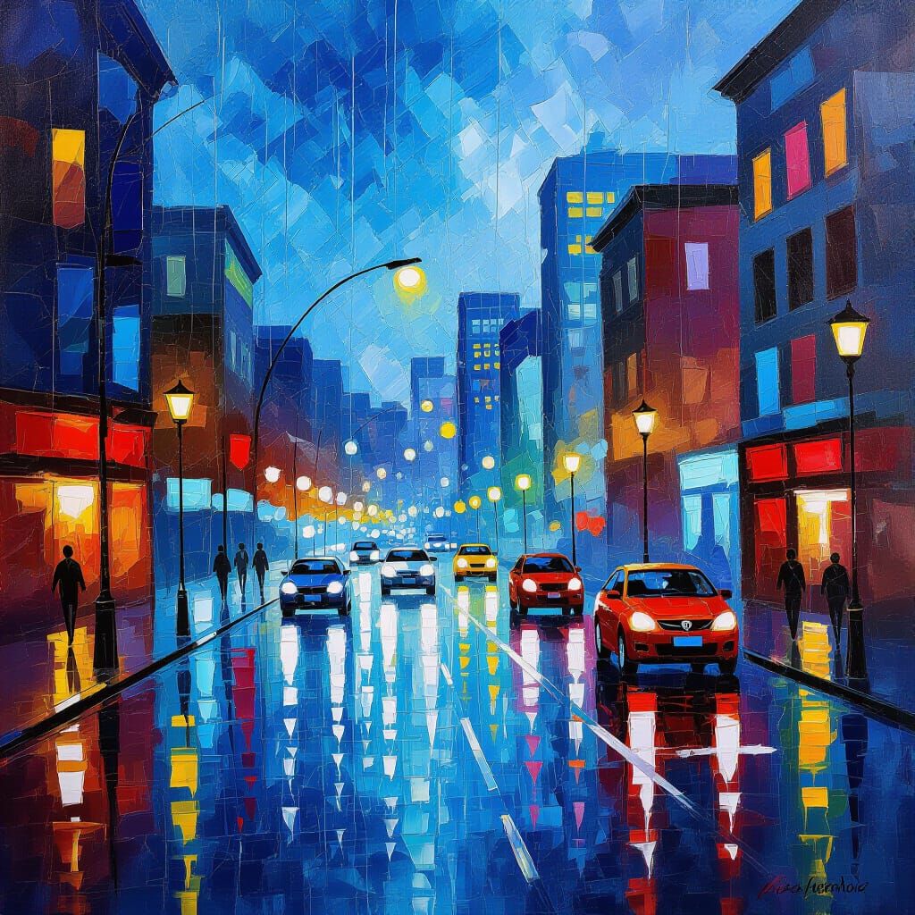 Vibrant Impasto Cityscape Painting with Neon Reflections