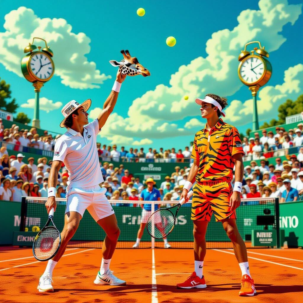 Surreal Tennis Match: Giraffe vs Puma in Dali Style