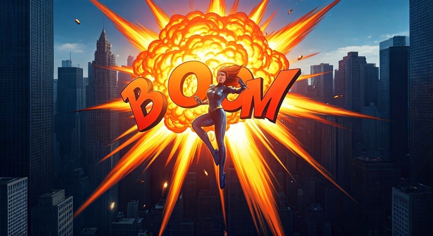 Superheroine Buzz Soars Through Explosive Sky