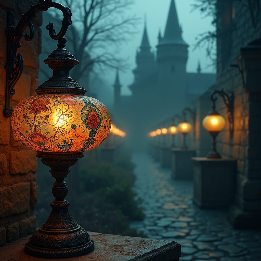 Whimsical Vintage Lamps in Mystical Castle Grounds