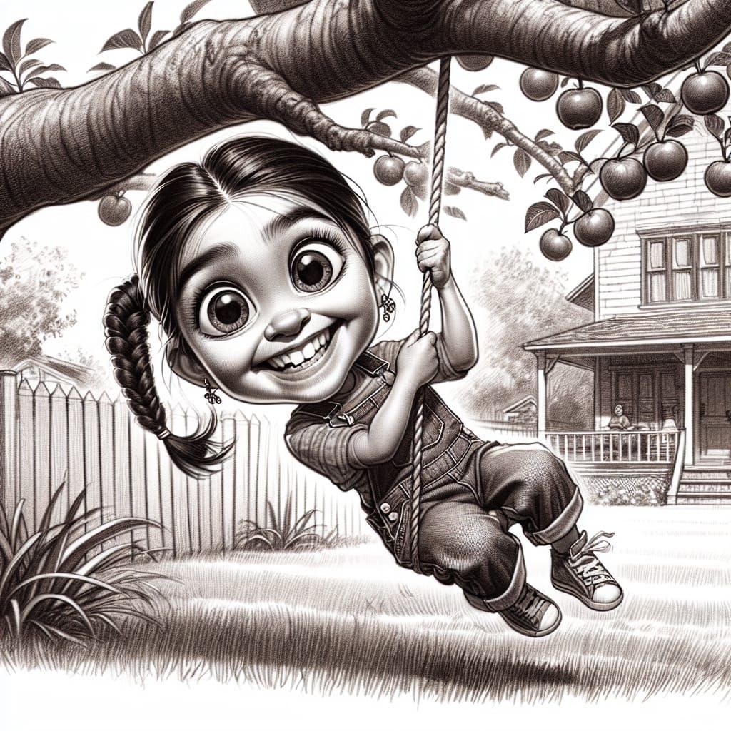 Whimsical Yard Scene in Pencil Caricature