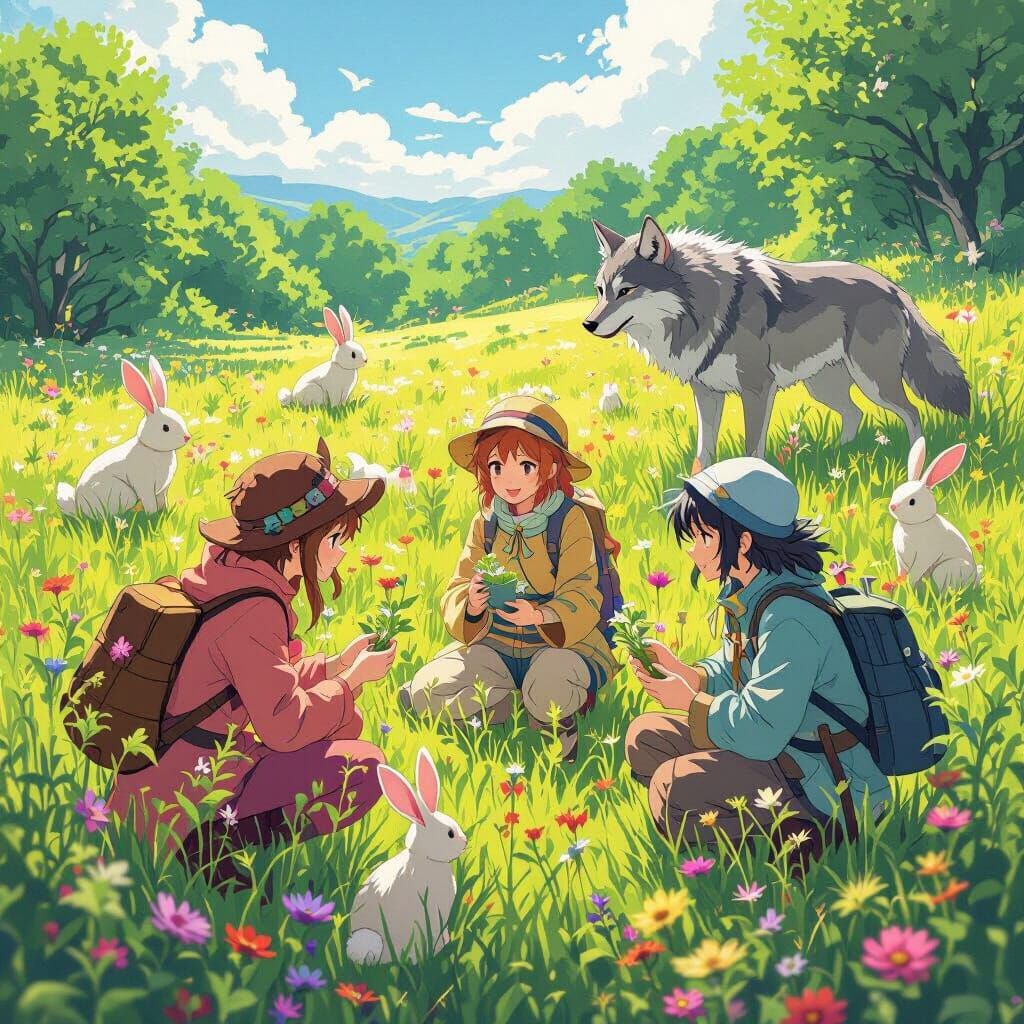 Anime Adventurers Gathering Herbs in Lush Meadow